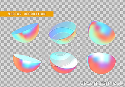 Set half sphere isolated with colorful hologram chameleon color gradient. 3d objects geometric shape. vector Vector Illustration