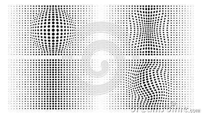 Set of halftone convex distorted gradient circle dots backgrounds. Horizontal bulging halftone dots pattern. Vector Vector Illustration