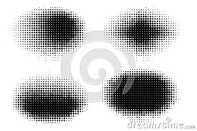 Set of halftone dots vector oval shapes. Abstract dotted stippling shapes. Monochrome halftone gradient shape set. Vector Illustration
