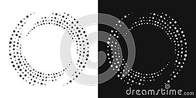 Set of halftone dotted background in circle form in black and white color. Circle random dots, circular and radial lines volute Vector Illustration