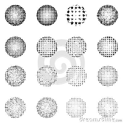 Set of Halftone roughen circles isolated on white background.Collection of halftone effect dot patterns. Vector Illustration