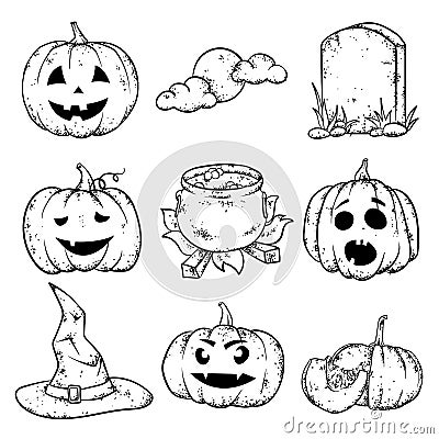 A set of Halloween attributes - pumpkins with different smiles, a tombstone, a witch`s hat, a pot of potions and a moon. Vector Illustration