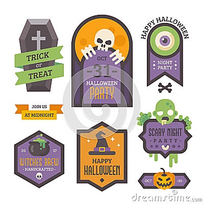 Set of Halloween badges. Flat holiday elements and banners Vector Illustration