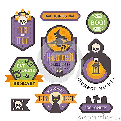 Set of Halloween badges. Flat holiday elements and banners Vector Illustration