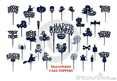 Set of halloween cake toppers with pumpkin, ghost, witch silhouette, skull and bones. Vector Illustration