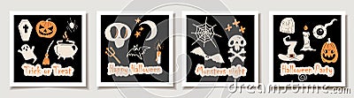 Set of Halloween cards with Set of four halloween Traditional Doodle Icons . Vector Illustration