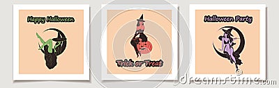 Set of Halloween cards with Set of three Witch. Cute ladies. Pin-up, retro style. Vector Illustration