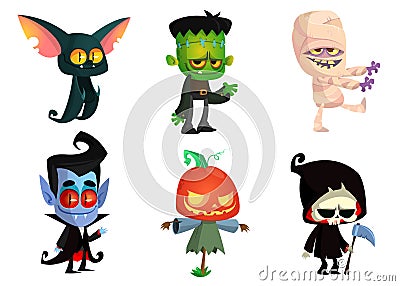 Set of Halloween cartoon monster characters Vector Illustration