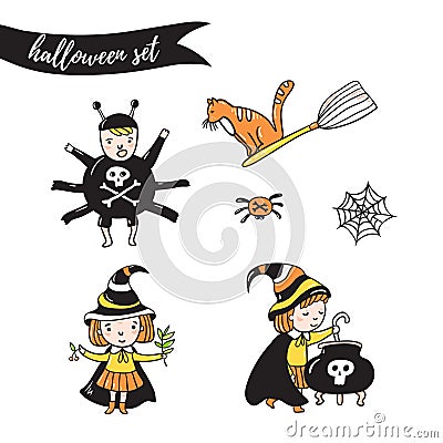 Set of halloween characters. Children in costumes. Vector Illustration