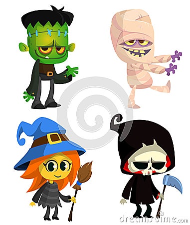 Set of Halloween characters. Vector cartoon zombie, mummy, witch with a broom, grim reaper with scythe Vector Illustration