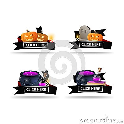 Set of Halloween clickable stickers for your arts with Halloween elements and black ribbons for title Vector Illustration