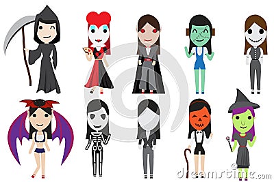 Set of halloween cosplay party by cute girl Vector Illustration