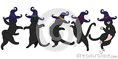 Set of Halloween dancing cats in hats Stock Photo