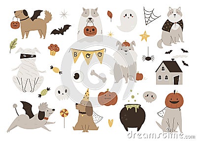 Set of Halloween dogs in mascarade costumes, cauldron, haunted house, bat, pumpkins. Vector Illustration