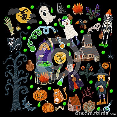 Set of Halloween elements such as monster, pumpkin, dracula, cat, house and other. Vector cartoon flat illustration. Vector Illustration