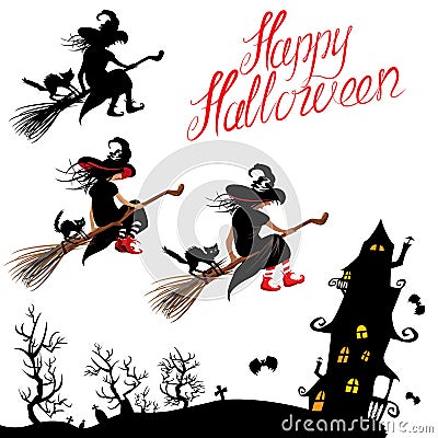 Set of Halloween elements - witch sillouette and black cat flying Vector Illustration