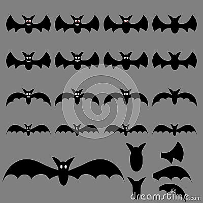 Set of Halloween Flying Bats for your Design, Game, Card. Big Collection of Bat Silhouettes. Vector Illustration. Vector Illustration