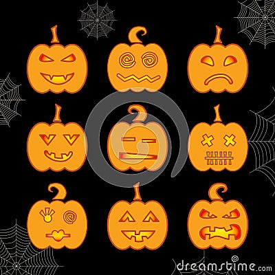 Set of Halloween glowing pumpkin with different expressions Vector Illustration
