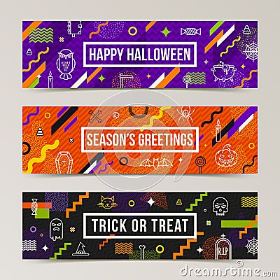 Set of Halloween greeting banners. Collection of pattern with Halloween linear signs, symbols and abstract shape. Vector Illustration