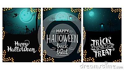 Set Halloween greeting vertical postcard with beautiful Halloween landscape on background Vector Illustration