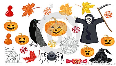 Set of halloween illustrations. Spider web, scary pumpkin Jack, black raven, candy, autumn leaves, witch hat, evil spider. Vector Illustration