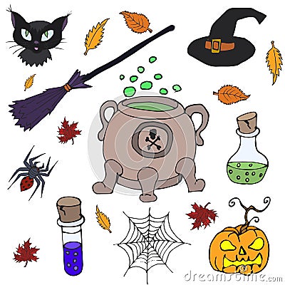 Set for Halloween isolated in colors. Hand drew Doodle Stock Photo