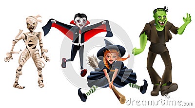 Set Halloween monsters witch on broom, frankenstein, vampire dracula, zombie mummy Vector Illustration