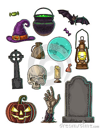 Set for Halloween Party. Vector color vintage engraving Vector Illustration