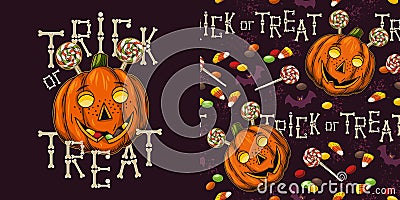Set of halloween pattern and logo with candy, bat, sweeets, pumpkin stylized as freckled kids face, text Vector Illustration