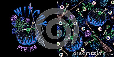 Set of halloween pattern, logo with witch cauldron with potion, magic blue fire, bone, broom, roses, spider, text Vector Illustration