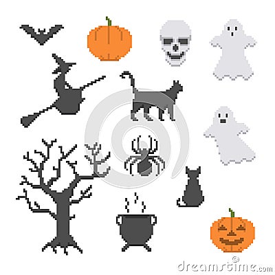 Set of Halloween pixelart objects Vector Illustration