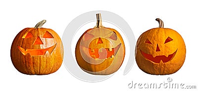 Set of halloween pumpkin head jack lanterns on background. Banner design Stock Photo