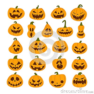 Set of Halloween scary pumpkins. Flat style spooky creepy pumpkins Vector Illustration