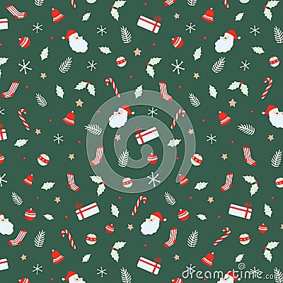 Christmas seamless pattern with Santa Claus, Bells, Xmas ball, candy canes, gift, socks, Christmas leaf, branch Christmas Hand dra Vector Illustration