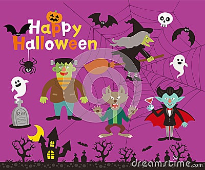 Set of halloween sign, symbol, objects, items and funny monsters. Vector Illustration