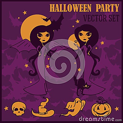 Set of halloween things, cartoon style witch and lady vampire Vector Illustration