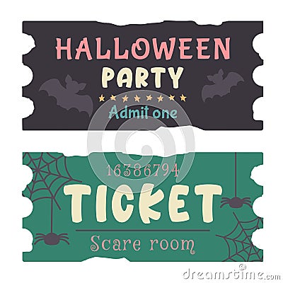 Set of Halloween tickets template with text.Traditional hand drawn coupon and invitation isolated. Silhouette of bat, cobweb, Vector Illustration