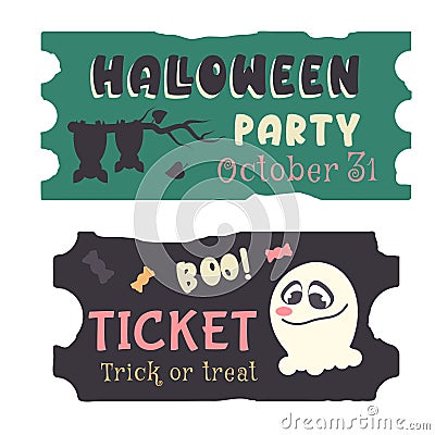 Set of Halloween Traditional holiday coupon isolated. Different color hand drawn tickets. Cute ghost, silhouette of bat, candy, Vector Illustration