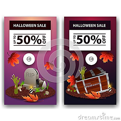 Set Halloween vertical discount banners, up to 50% off. Pink and purple discount vertical banners for your business Vector Illustration