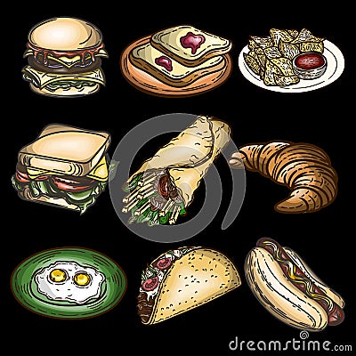 Set of hamburger, burger, toasts, chips, pita, croissant, eggs, tacos and hotdog isolated on black. Vector Illustration