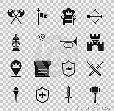 Set Hammer, Crossed medieval sword, Castle, fortress, Medieval throne, Magic staff, iron helmet, axes and Trumpet icon Vector Illustration