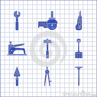 Set Hammer, Drawing compass, Metallic nail, Snow shovel, Trowel, Construction stapler, Stationery knife and Adjustable Vector Illustration