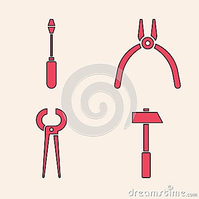 Set Hammer, Screwdriver, Pliers tool and Pincers and pliers icon. Vector Vector Illustration