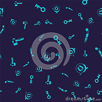 Set Hammer, Welding torch, Old key and Horseshoe on seamless pattern. Vector Stock Photo
