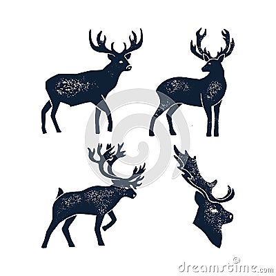Set Hand draw Deer Silhouette Grunge. Vector illustration of a Wild Animal stag Isolated on a white background Vector Illustration