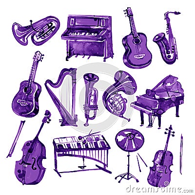 Set of hand draw violet watercolor musical instruments Stock Photo