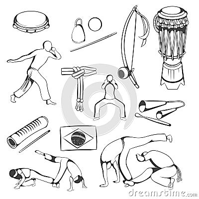 Set of hand drawing Capoeira elements. Vector Illustration