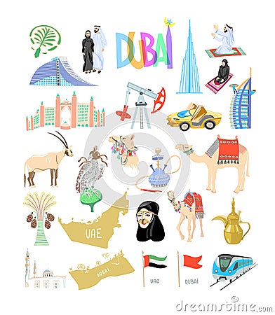 Set of 25 hand drawing icon symbol from Dubai, United Arab Emirates, Middle East Vector Illustration