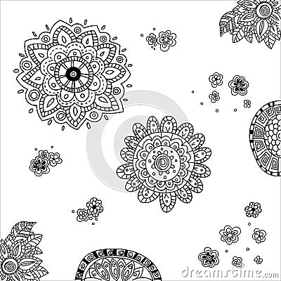 Set of hand drawing Mandala, Flowers, Corner and Side ornament in ethnic oriental style. Decorative vintage elements for Vector Illustration