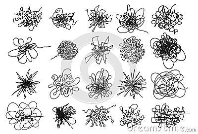 Set of Hand drawing random chaotic lines. Insane tangled scribble clew. Black design abstract scrawl scribbles, chaos doodles. Vector Illustration